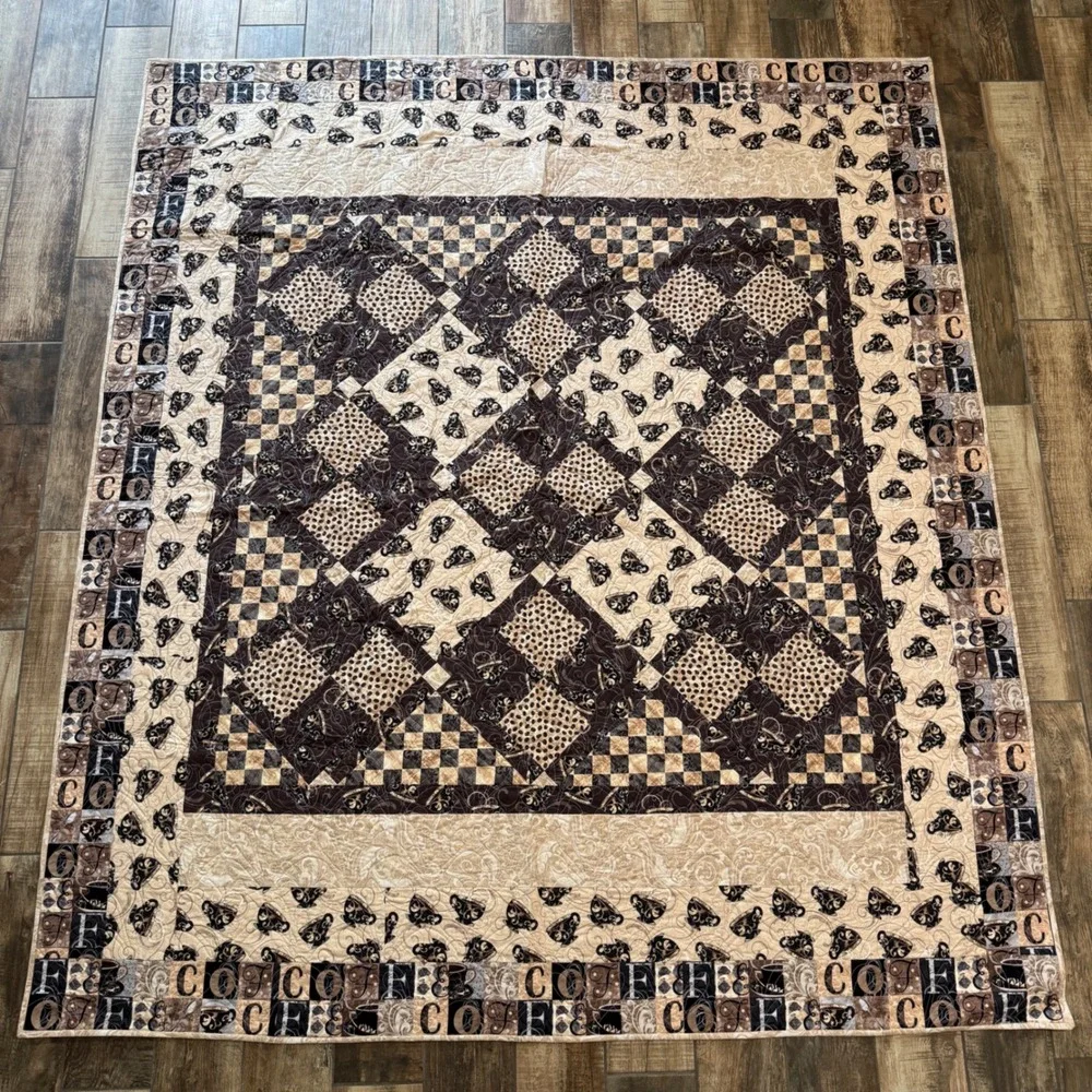 Handmade Coffee Patchwork Quilt Brown Cream Coffee Bean Cup Typography 70x80
